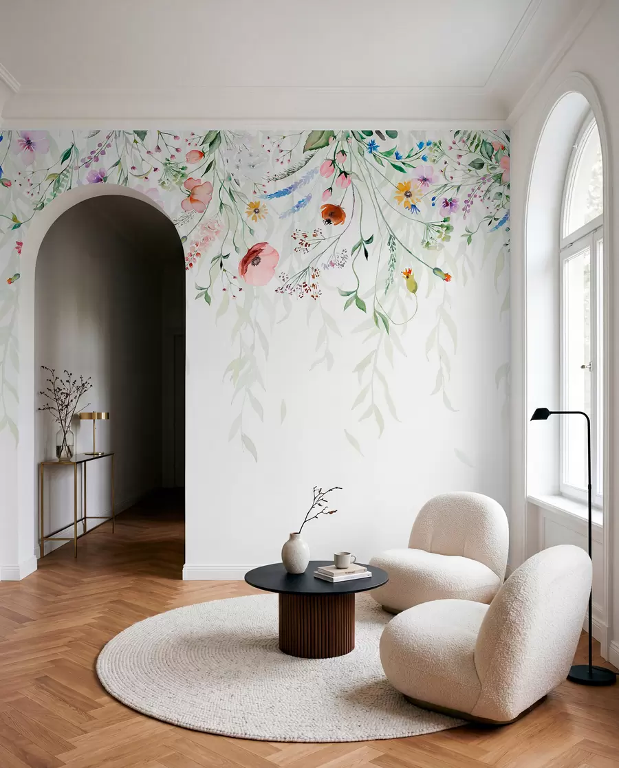 fototapeter Et fargerikt blomstertrykk som faller ned med ulike blomster, blader og planter i akvarellstil   w08646