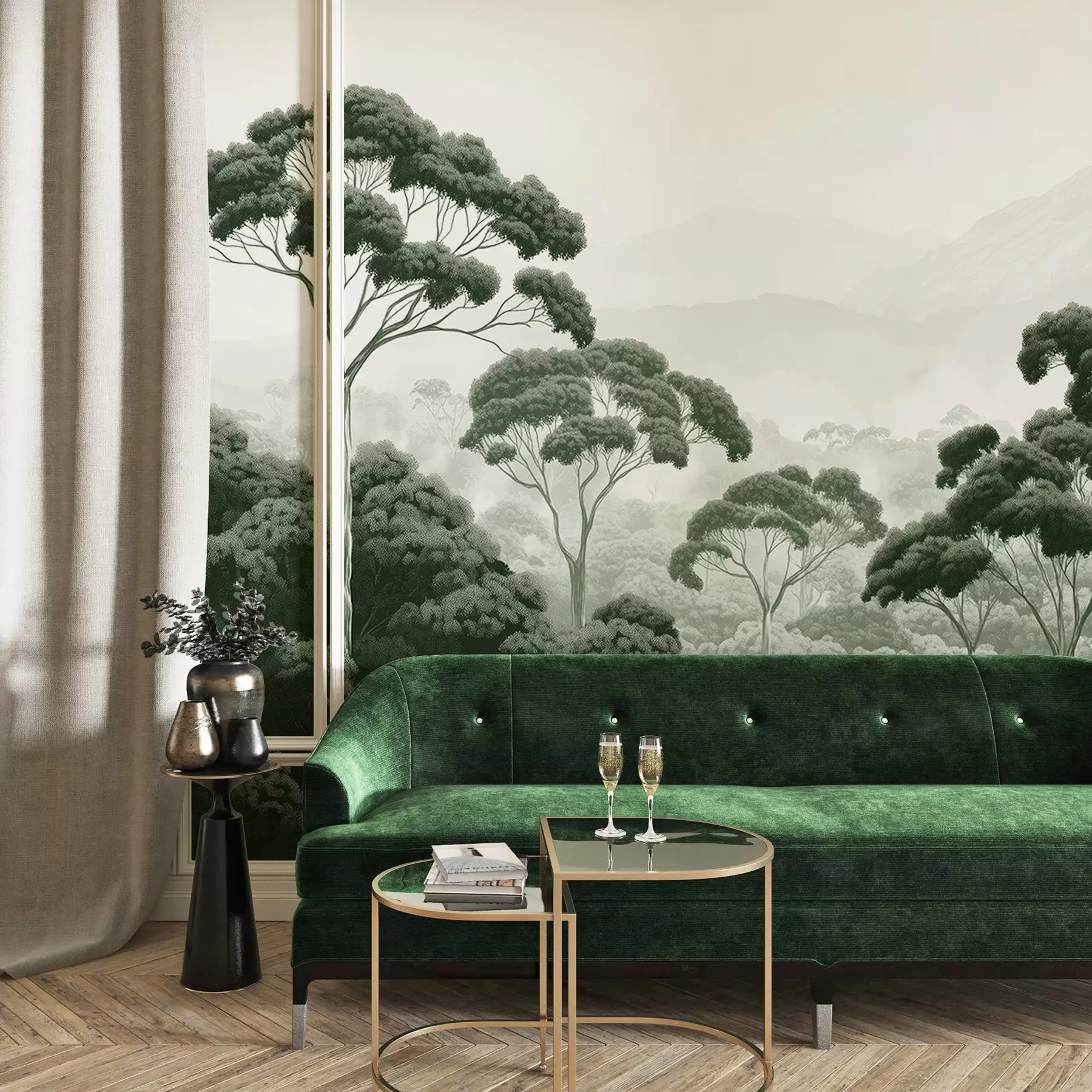 fototapeter Jungelskog, fjell, tropisk, natur, store trær, mørkegrønne farger w02739v1