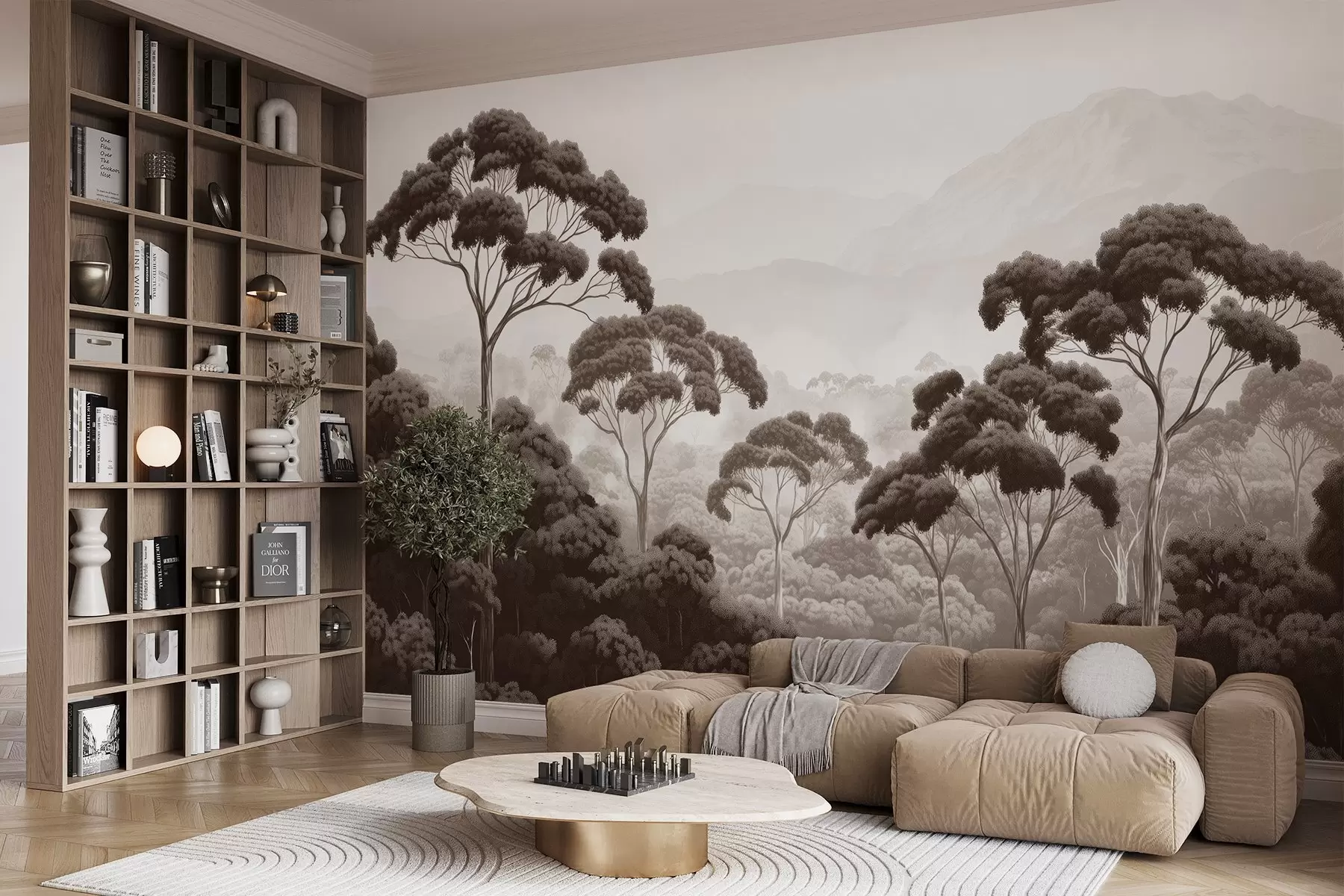 fototapeter Jungelskog, fjell, tropisk, natur, store trær, brune farger w02739v2