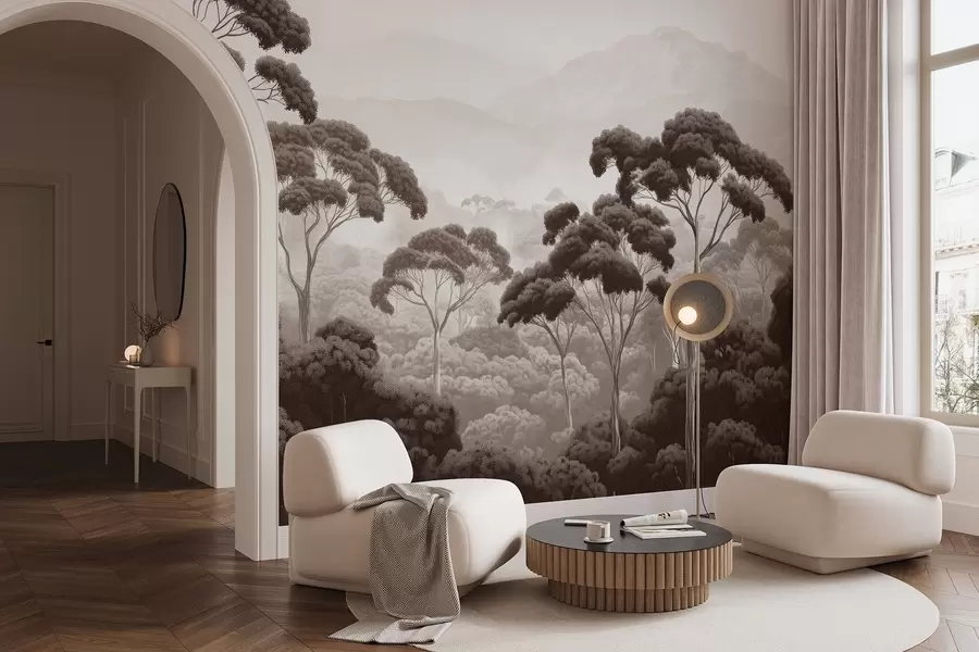 fototapeter Jungelskog, fjell, tropisk, natur, store trær, brune farger w02739v2