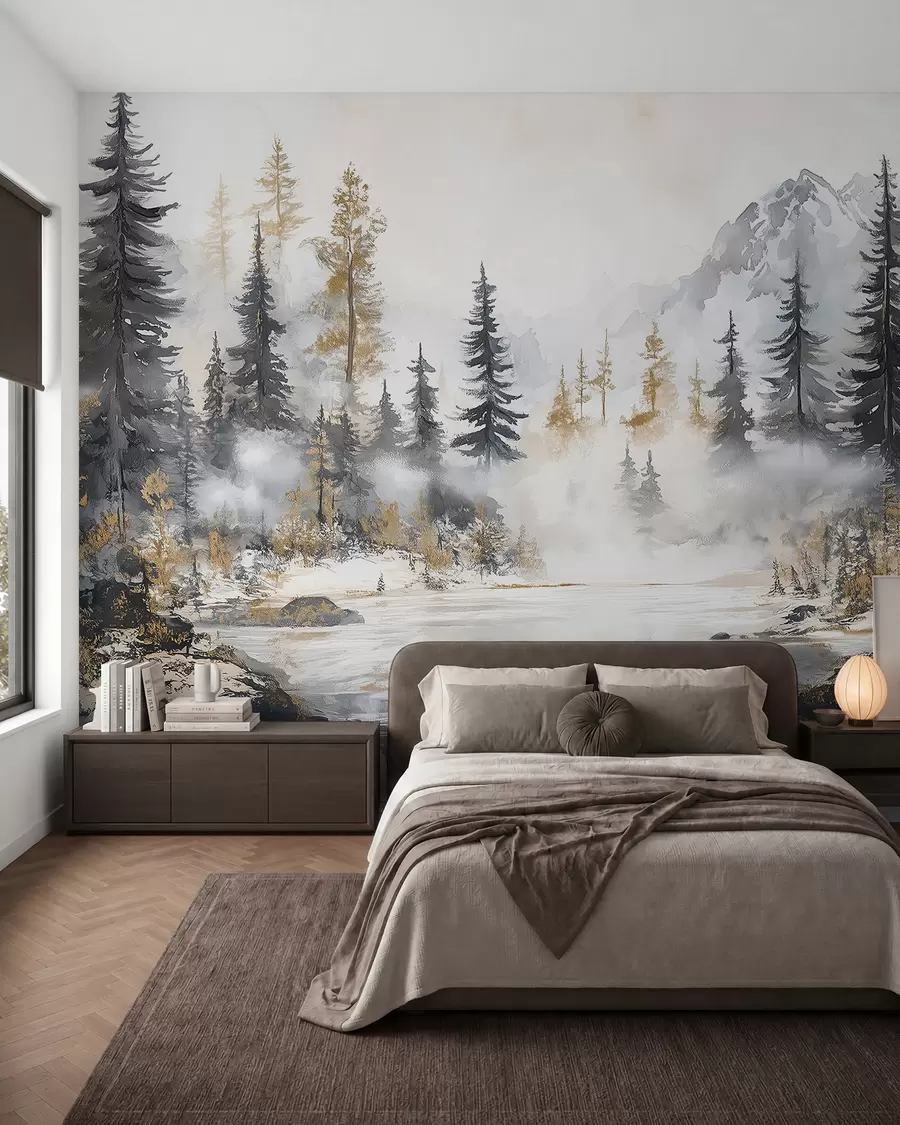 fototapeter Vinterlandskap med innsjø og skog, fjell, pastellstil darwing w02741