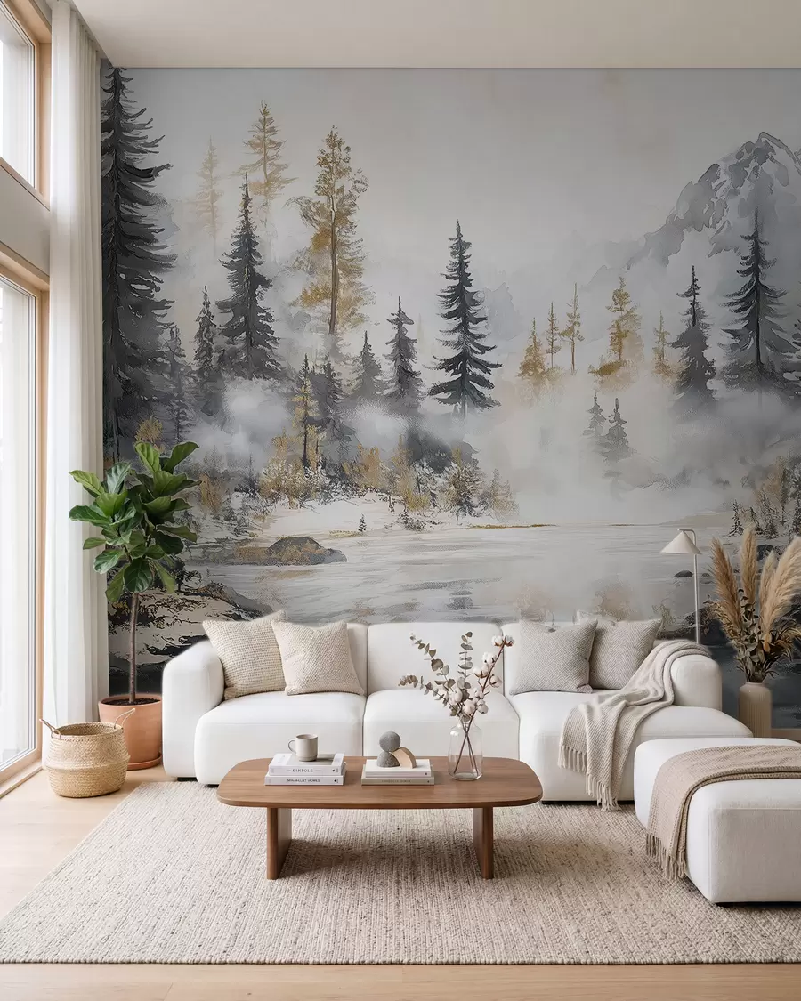 fototapeter Vinterlandskap med innsjø og skog, fjell, pastellstil darwing w02741