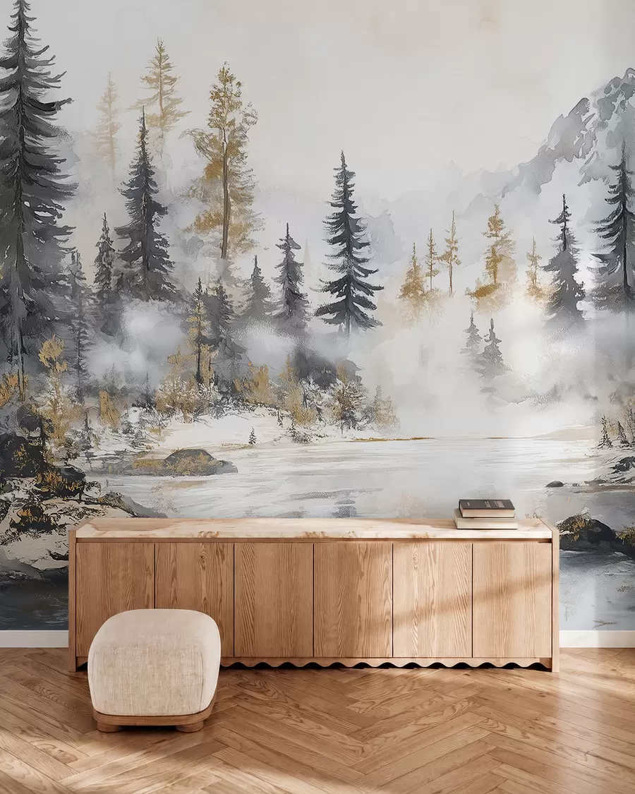 fototapeter Vinterlandskap med innsjø og skog, fjell, pastellstil darwing w02741