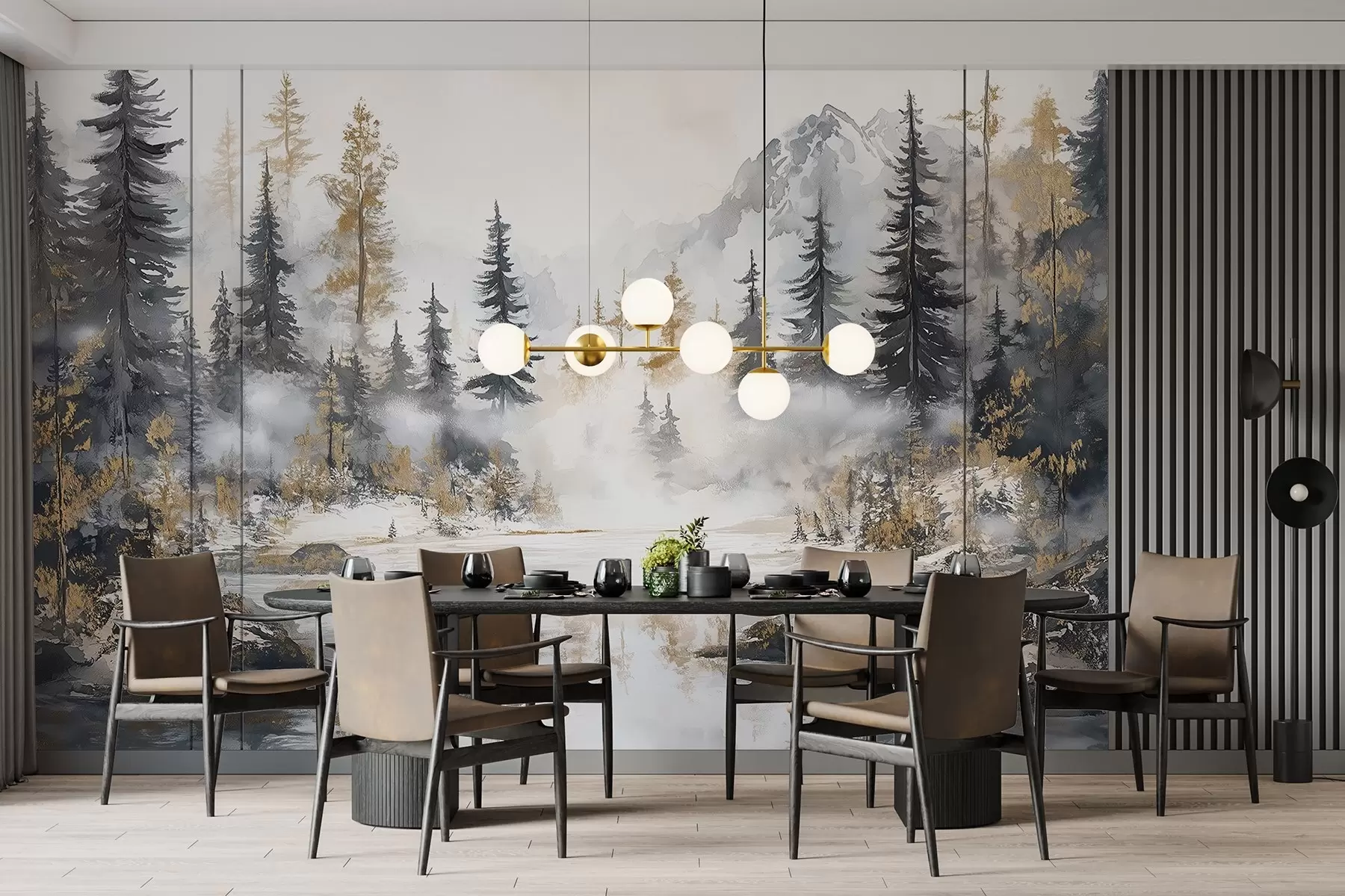 fototapeter Vinterlandskap med innsjø og skog, fjell, pastellstil darwing w02741