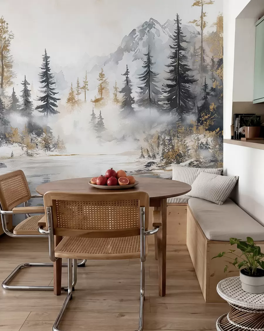 fototapeter Vinterlandskap med innsjø og skog, fjell, pastellstil darwing w02741