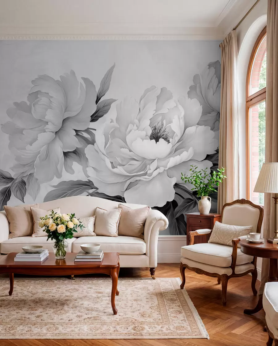 fototapeter Luksuriøse pioner i gråtoner, med delikate detaljer av kronblader og blader, som skaper en elegant og rolig atmosfære w02856