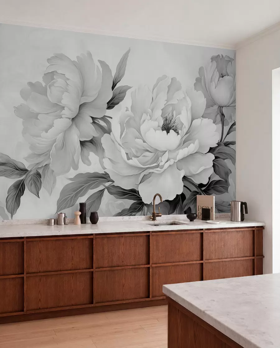 fototapeter Luksuriøse pioner i gråtoner, med delikate detaljer av kronblader og blader, som skaper en elegant og rolig atmosfære w02856