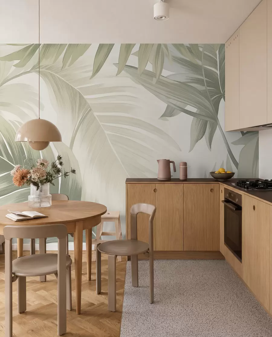 fototapeter Mønster av store tropiske blader i duse grønne og beige fargetoner, med jevne gradienter og delikate teksturdetaljer w02858