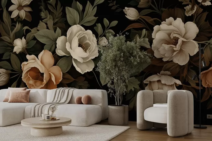 fototapeter Assorterte blomster på mørk bakgrunn w02838