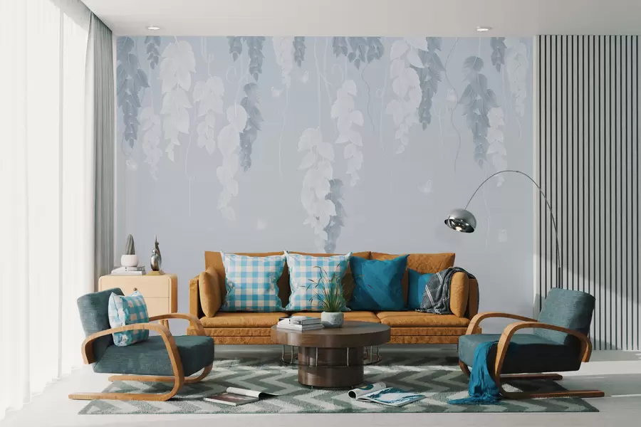 fototapeter Hengende blader og sommerfugler i blått w02655v1