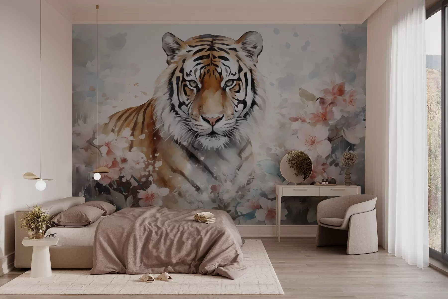 fototapeter Abstrakt tiger i blomsterimitasjon av akvarell w02892
