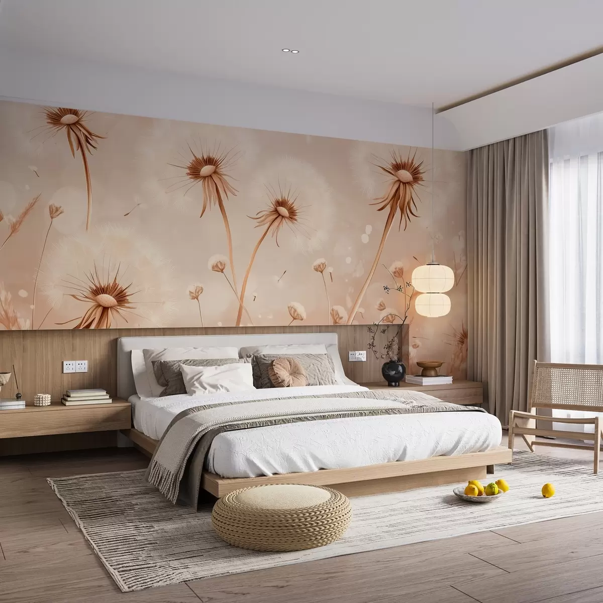 fototapeter Elegante løvetann og villblomster i maleristil i varme toner w08657