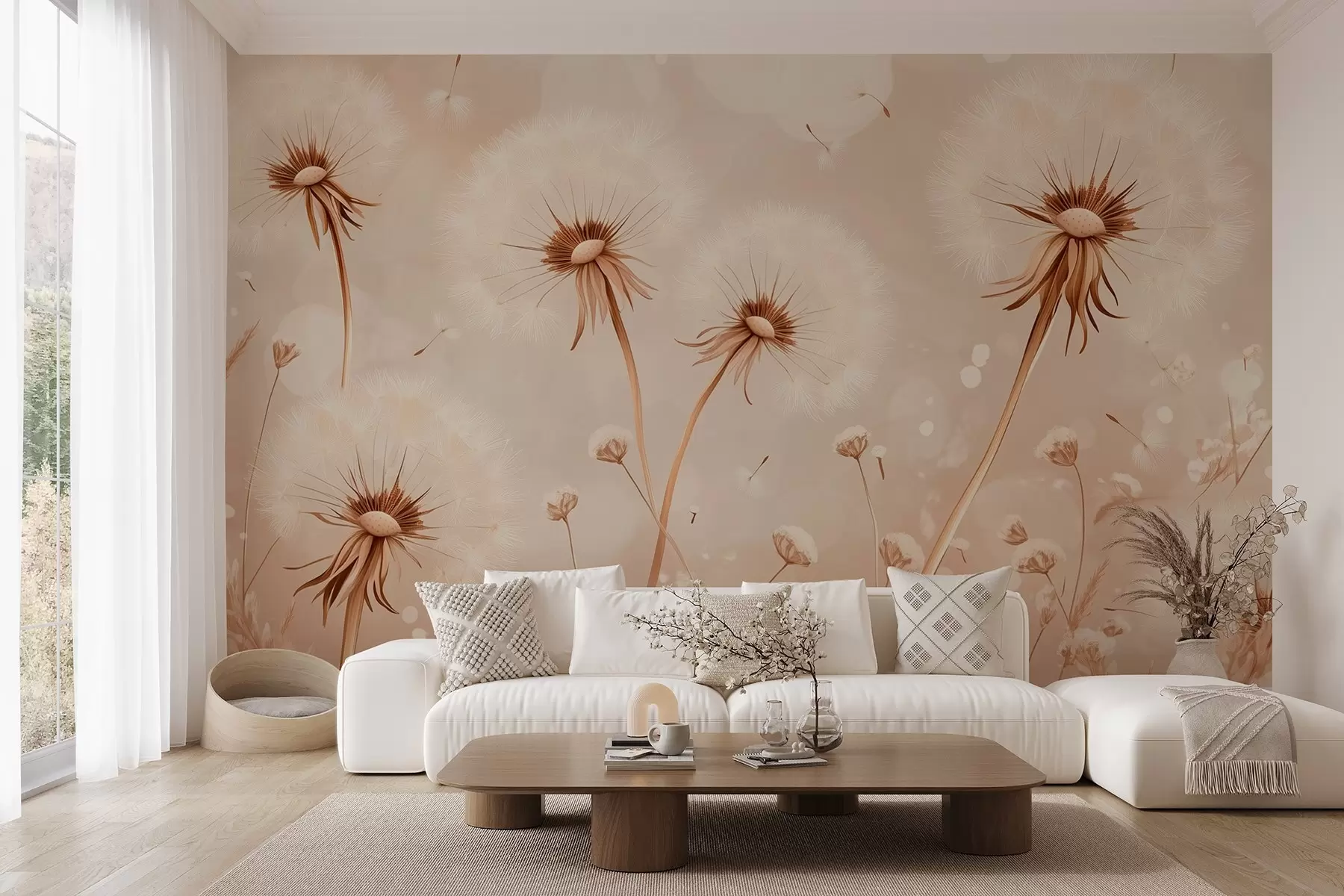 fototapeter Elegante løvetann og villblomster i maleristil i varme toner w08657