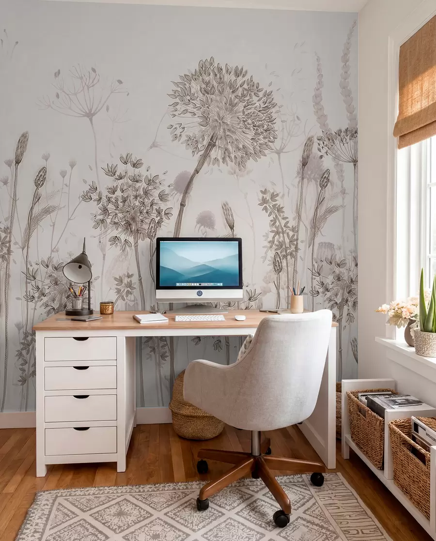 fototapeter Luftige løvetann og villblomster i akvarellstil w08637