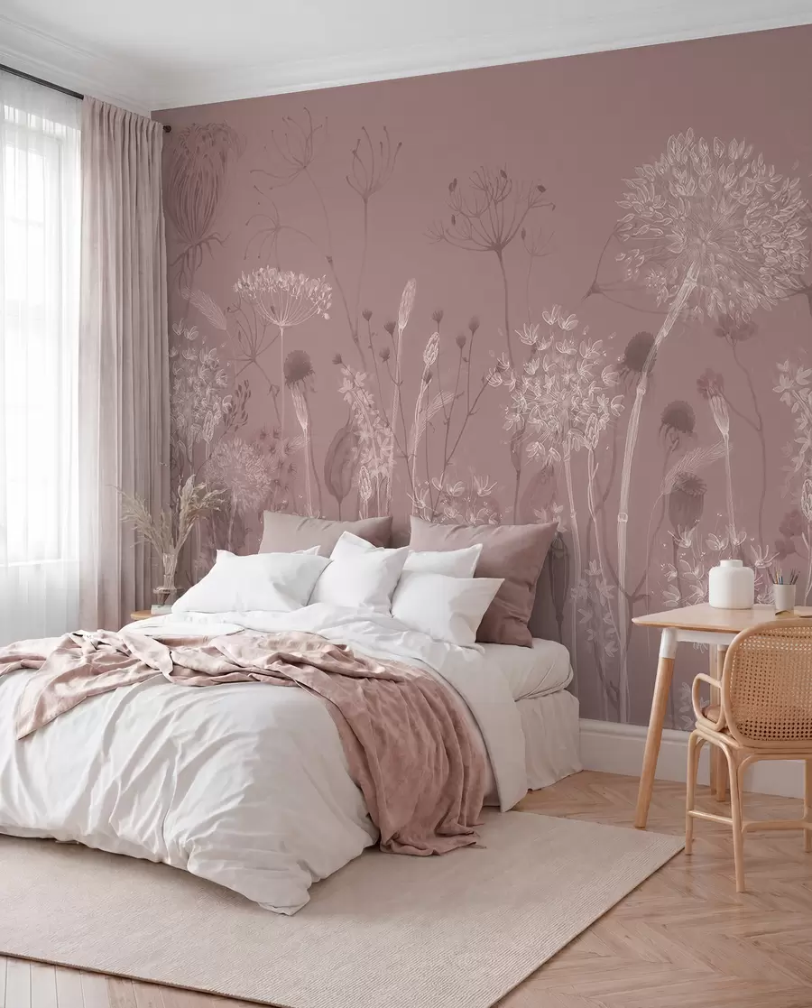 fototapeter Luftige løvetann og villblomster i akvarellstil i rosa toner w08637v1