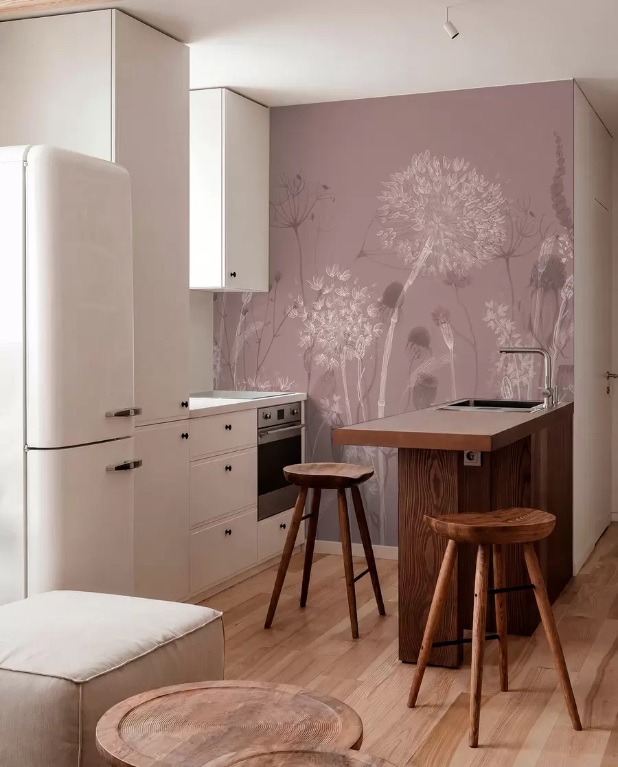 fototapeter Luftige løvetann og villblomster i akvarellstil i rosa toner w08637v1