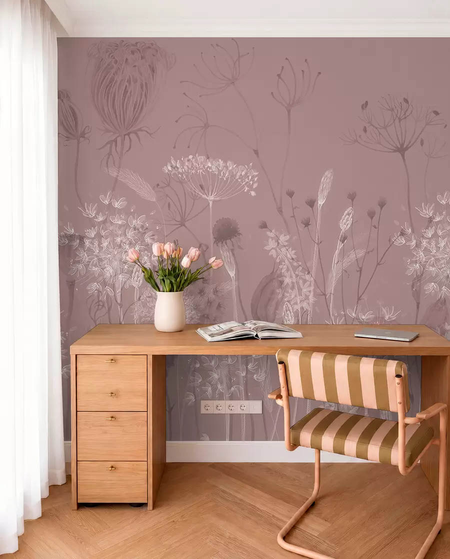 fototapeter Luftige løvetann og villblomster i akvarellstil i rosa toner w08637v1