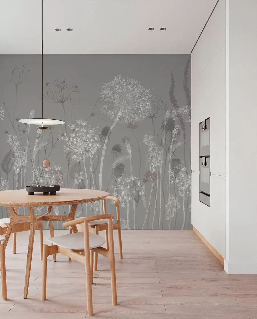 fototapeter Luftige løvetann og villblomster i akvarellstil i blågrå toner w08637v3