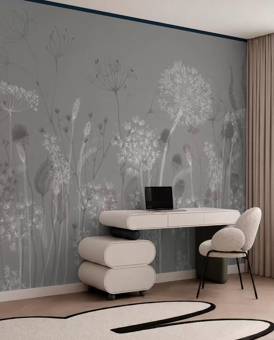 fototapeter Luftige løvetann og villblomster i akvarellstil i blågrå toner w08637v3