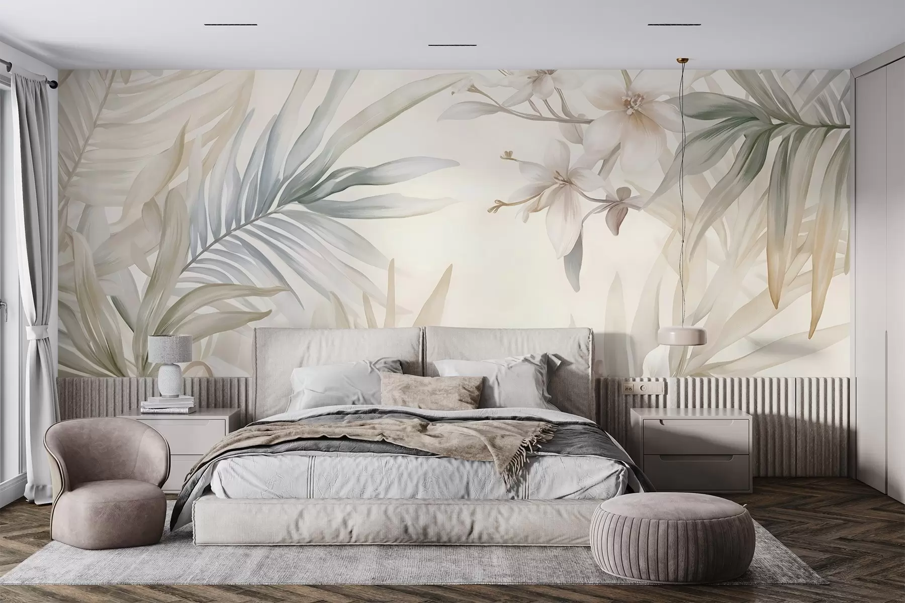 fototapeter Pastellfargede tropiske blader og blomster, med lysegrønne, kremfargede og sart rosa nyanser w08660