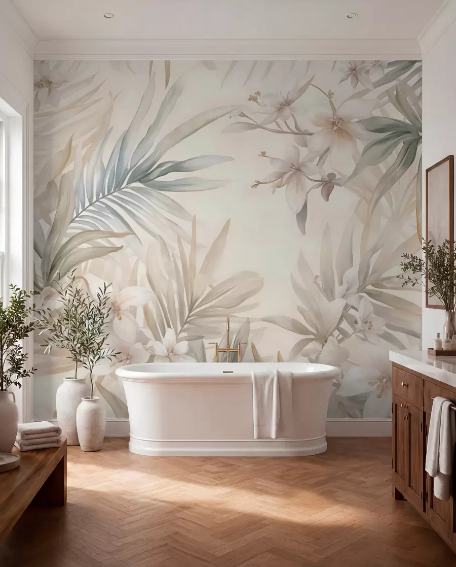 fototapeter Pastellfargede tropiske blader og blomster, med lysegrønne, kremfargede og sart rosa nyanser w08660