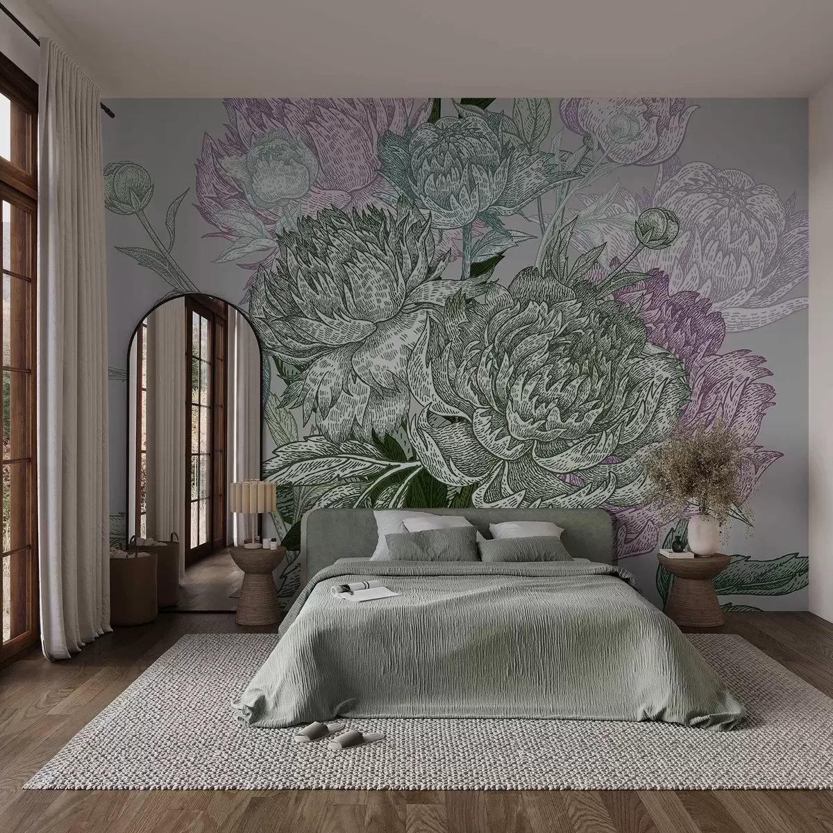 fototapeter Et detaljert blomstermønster med store pioner og blader i nyanser av grønt, rosa og syrin w08663v1