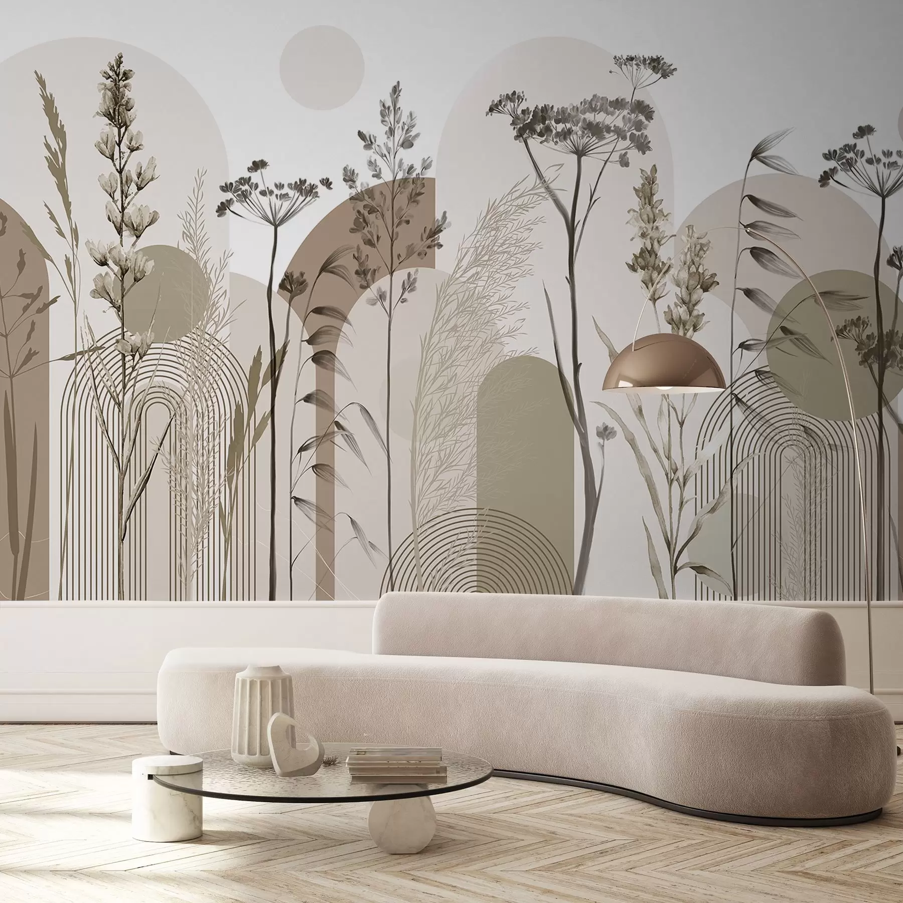 fototapeter En samling planter og blomster i nøytrale toner på en abstrakt buebakgrunn i myke beige og brune nyanser w08665