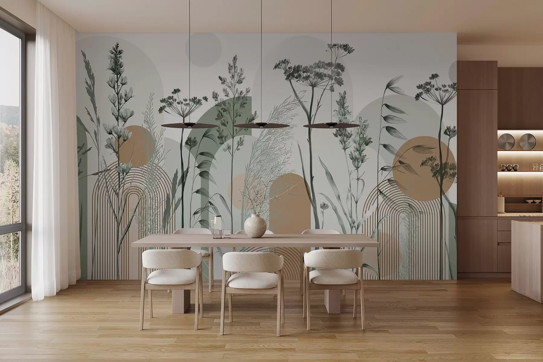 fototapeter En samling planter og blomster i nøytrale toner på en abstrakt buebakgrunn i myke beige og brune nyanser w08665