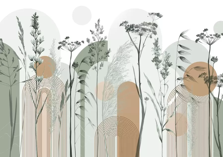 fototapeter En samling planter og blomster i nøytrale toner på en abstrakt buebakgrunn i myke grønne og oransje fargetoner w08665v1