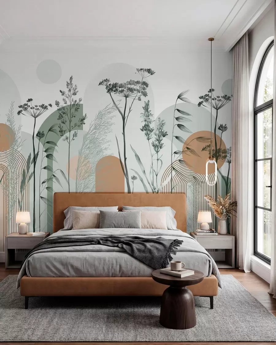 fototapeter En samling planter og blomster i nøytrale toner på en abstrakt buebakgrunn i myke grønne og oransje fargetoner w08665v1