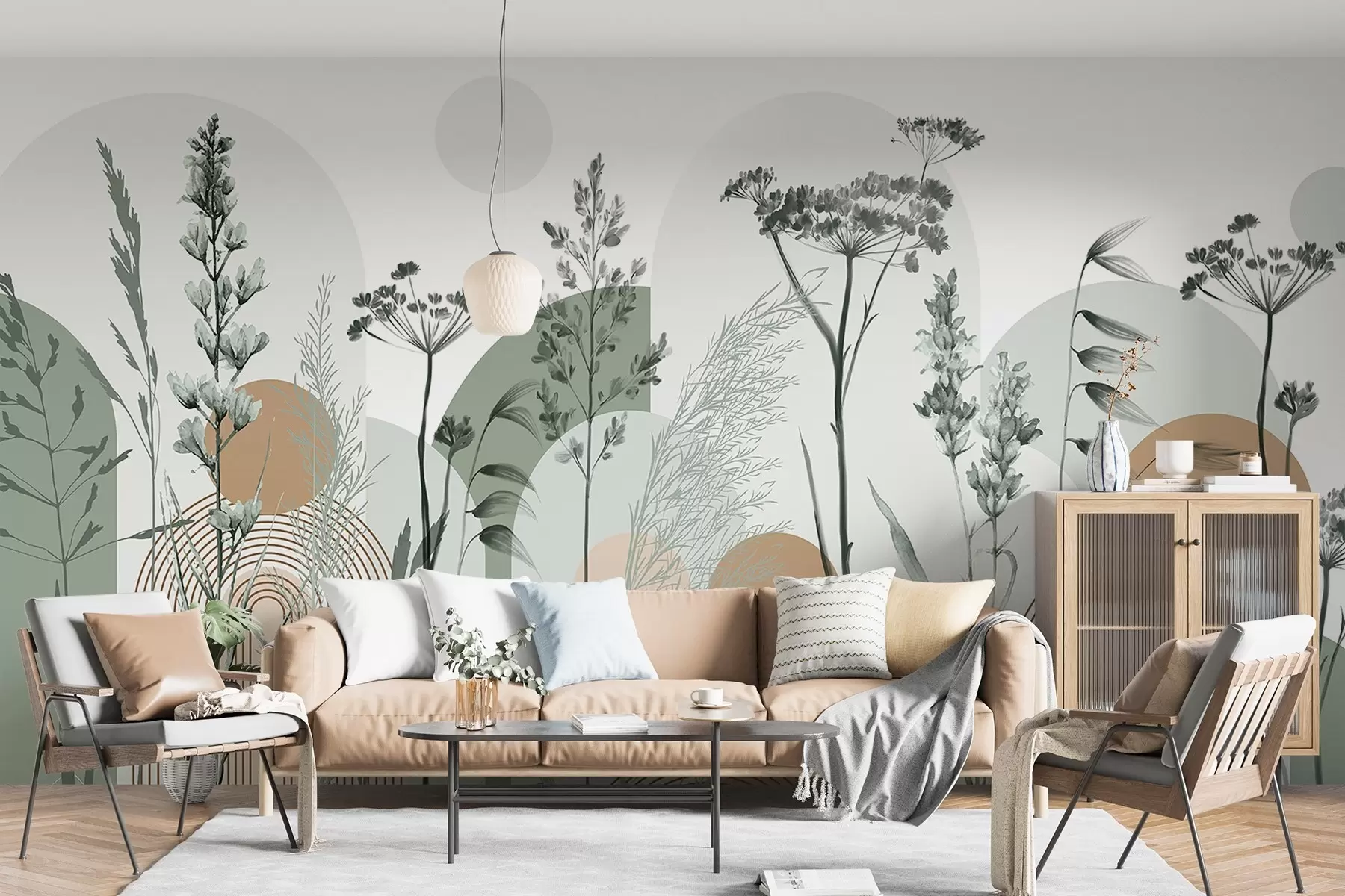 fototapeter En samling planter og blomster i nøytrale toner på en abstrakt buebakgrunn i myke grønne og oransje fargetoner w08665v1