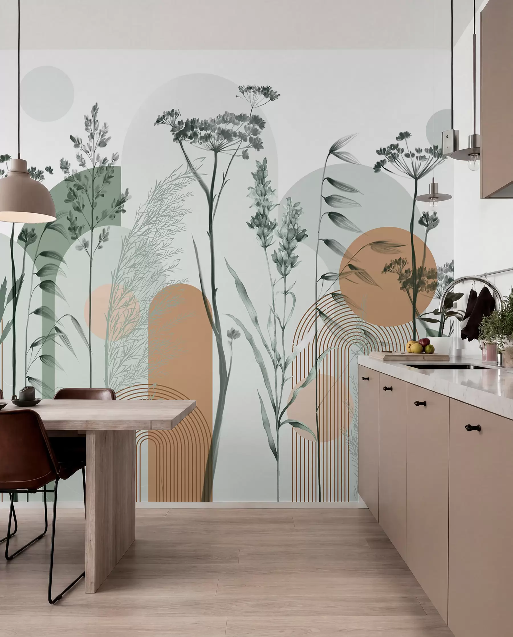 fototapeter En samling planter og blomster i nøytrale toner på en abstrakt buebakgrunn i myke grønne og oransje fargetoner w08665v1