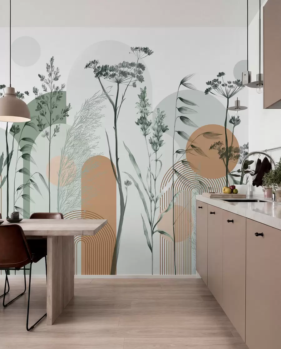 fototapeter En samling planter og blomster i nøytrale toner på en abstrakt buebakgrunn i myke grønne og oransje fargetoner w08665v1