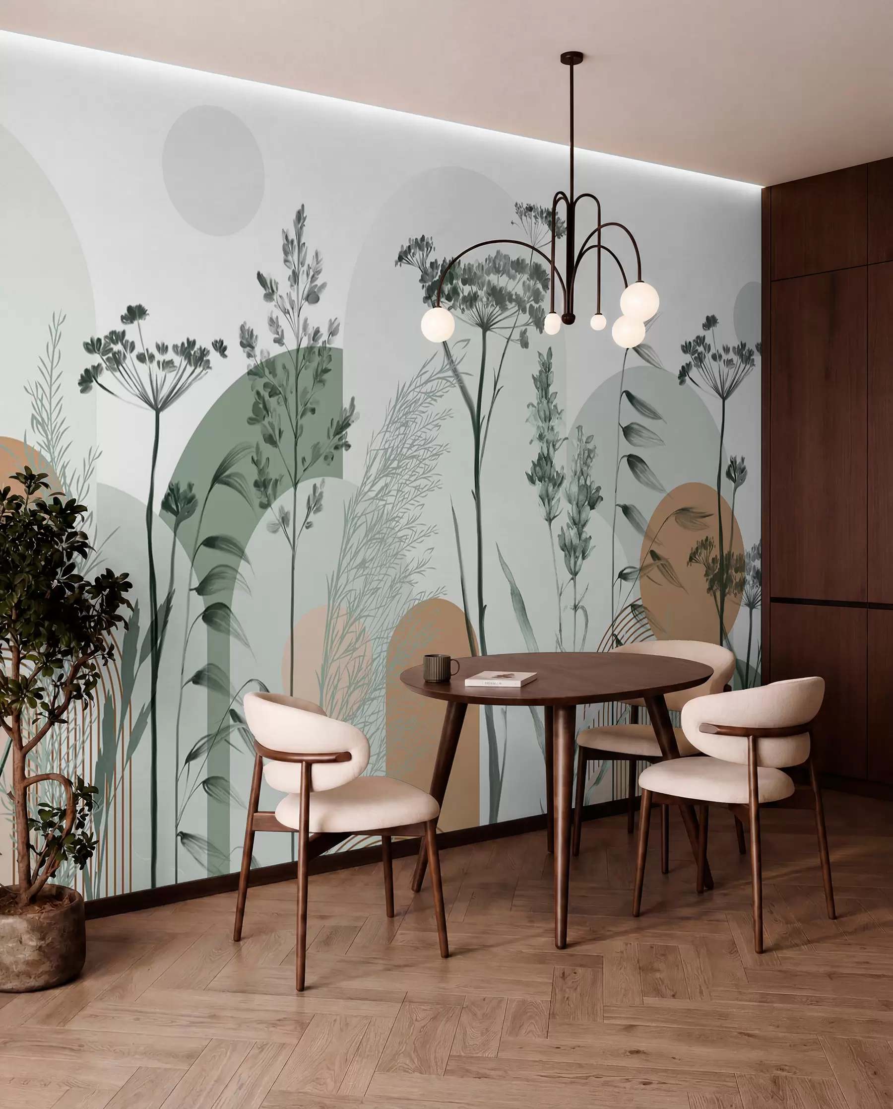 fototapeter En samling planter og blomster i nøytrale toner på en abstrakt buebakgrunn i myke grønne og oransje fargetoner w08665v1