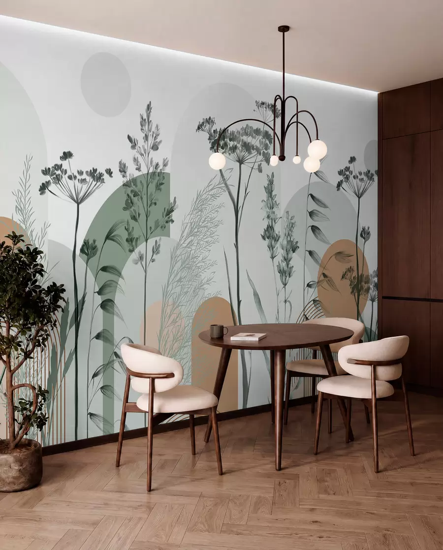 fototapeter En samling planter og blomster i nøytrale toner på en abstrakt buebakgrunn i myke grønne og oransje fargetoner w08665v1