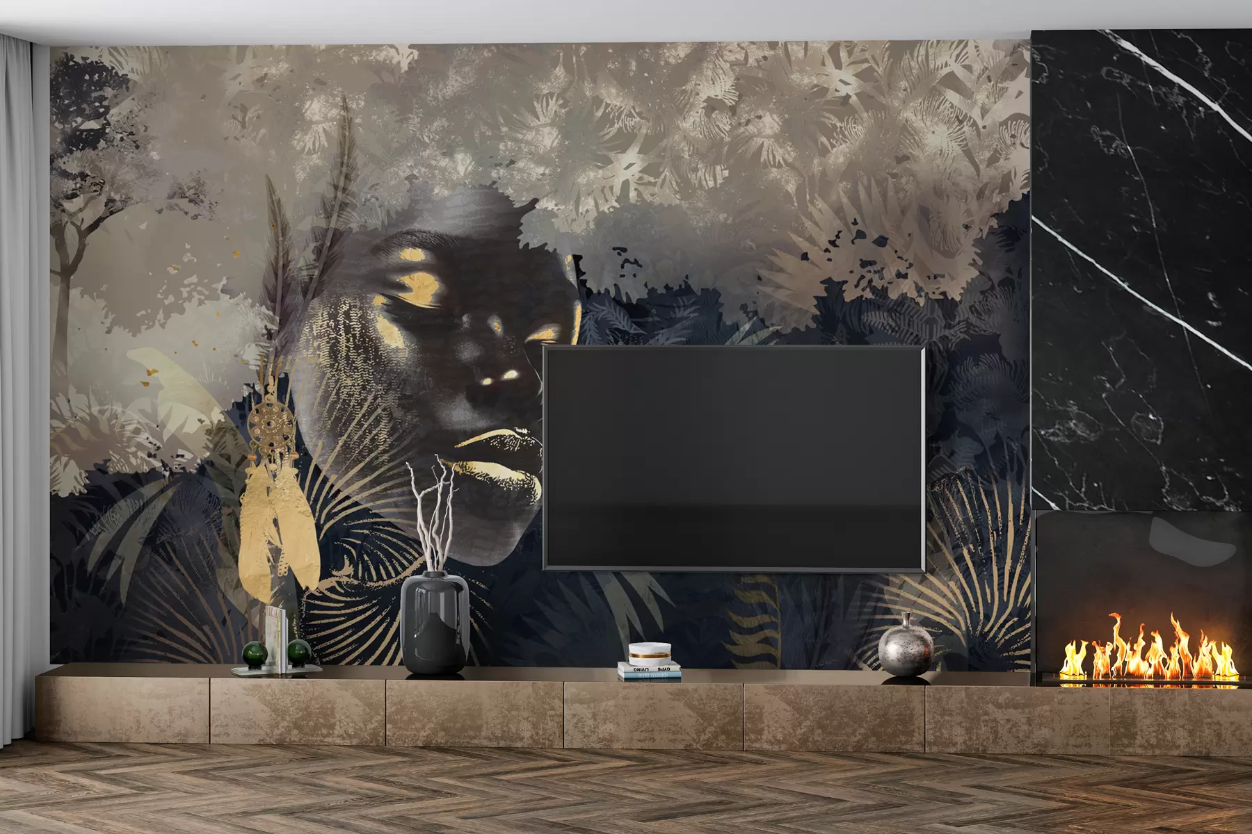 fototapeter Magisk Afrika med regnskog, jentete og vektorelementer med blå fargetone w02642v1