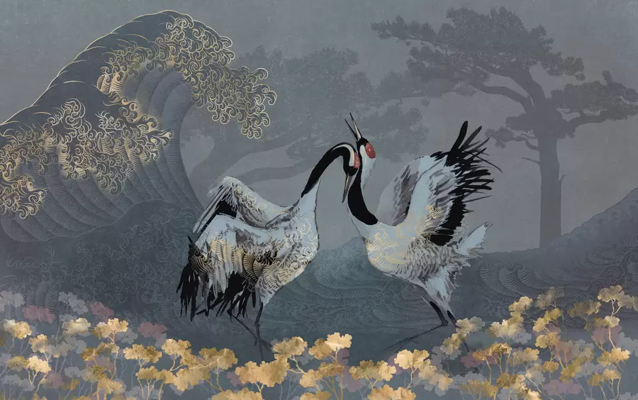 fototapeter Traner, trær og bølger med kinesiske stilelementer w02747