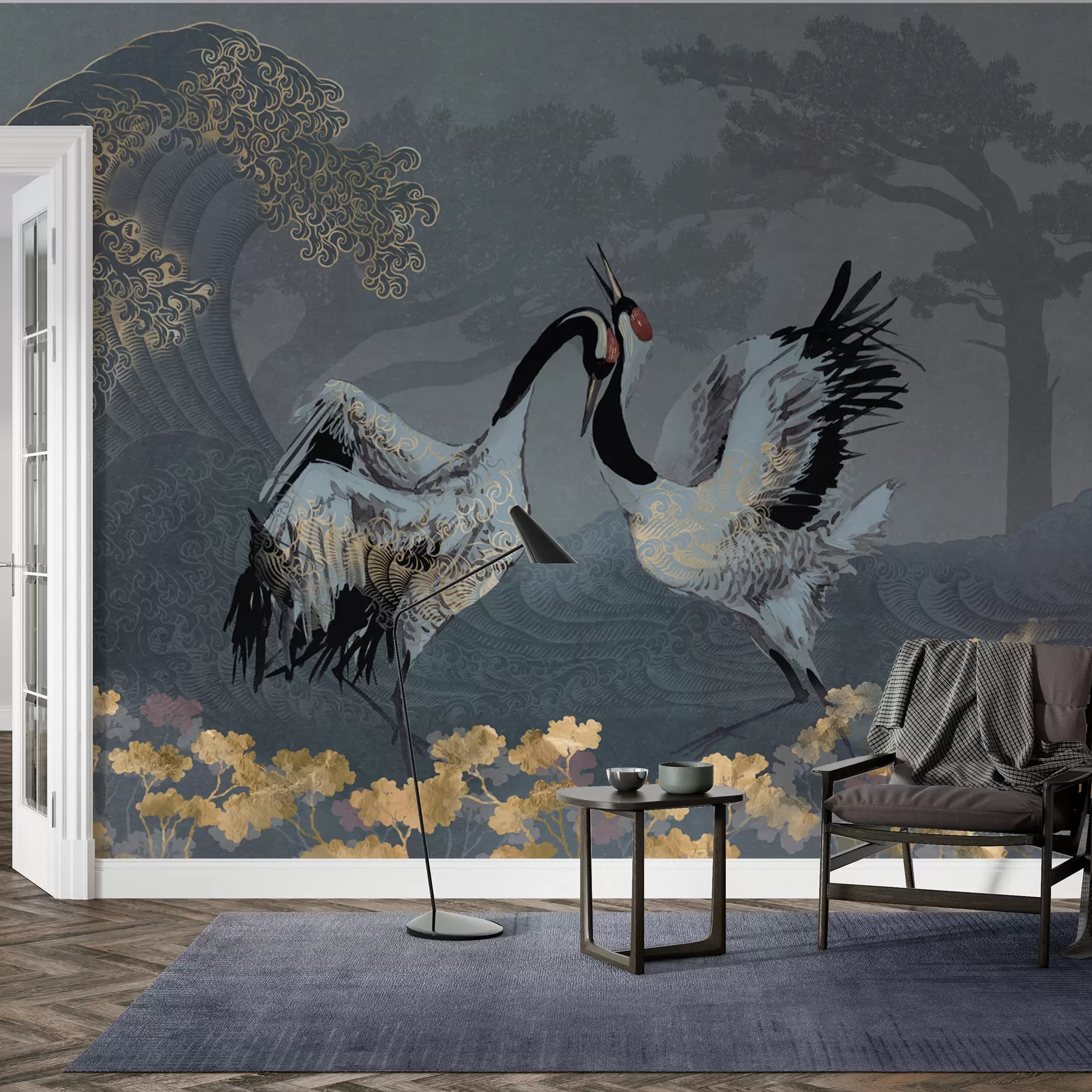 fototapeter Traner, trær og bølger med kinesiske stilelementer w02747