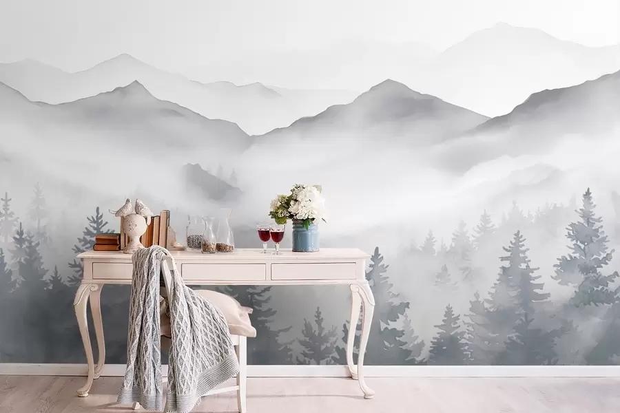fototapeter Rolig fjellandskap med tåkete skoger i myke grå og blå toner w08680
