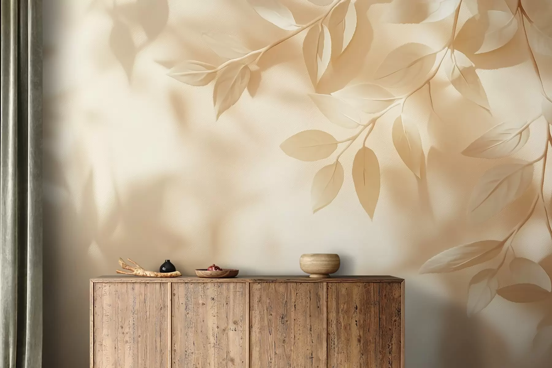 fototapeter Gule tregrener på en beige veggbakgrunn w08682