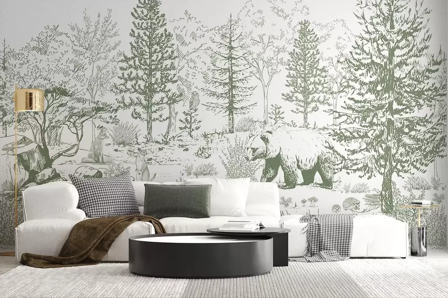 fototapeter Skogliv, trær, ville dyr, bjørn, rev, ugle, busker, blyanttegning, grønne farger w02929v2