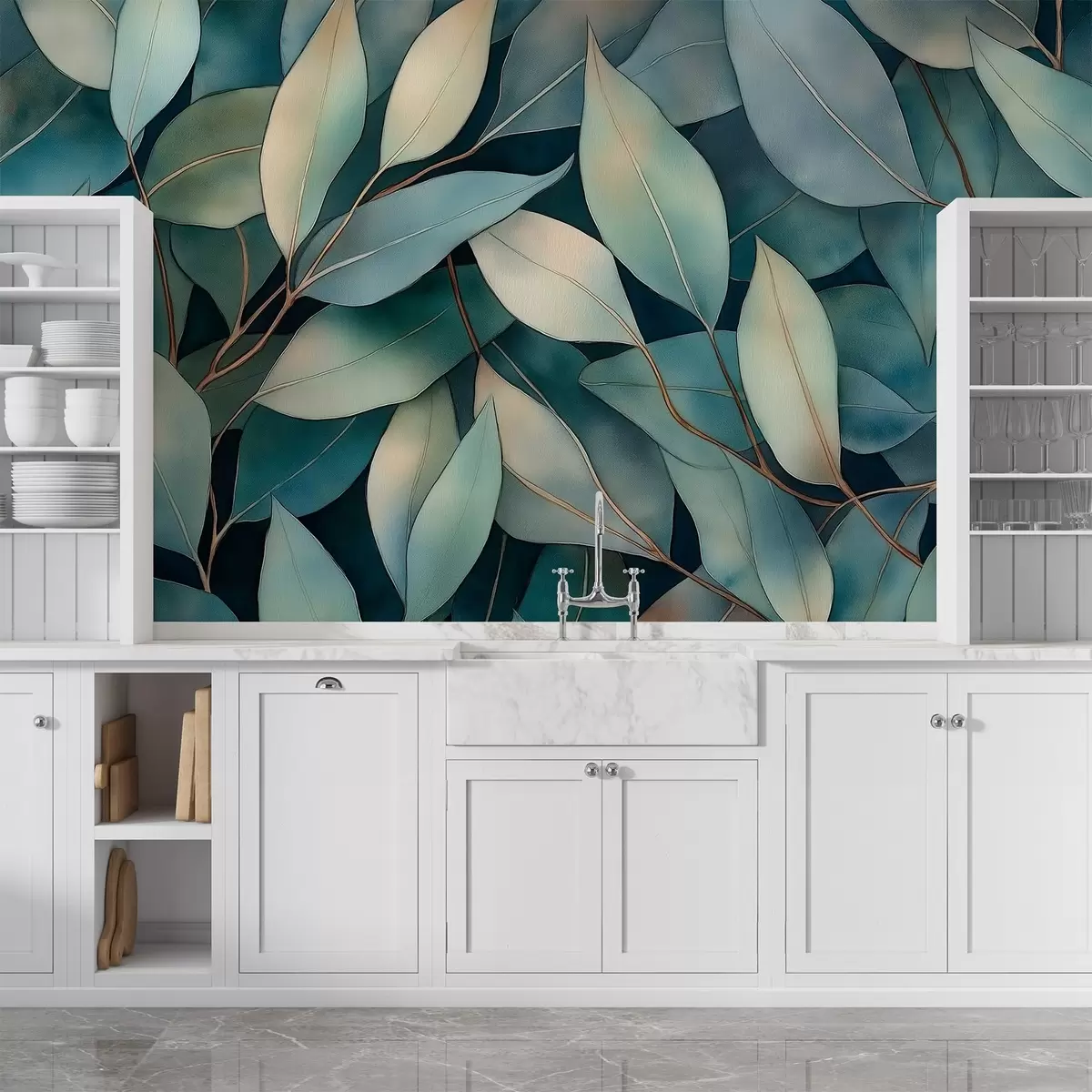 fototapeter Eukalyptusblader, akvarellstil tegning, blomstermønster, grønne farger w02931