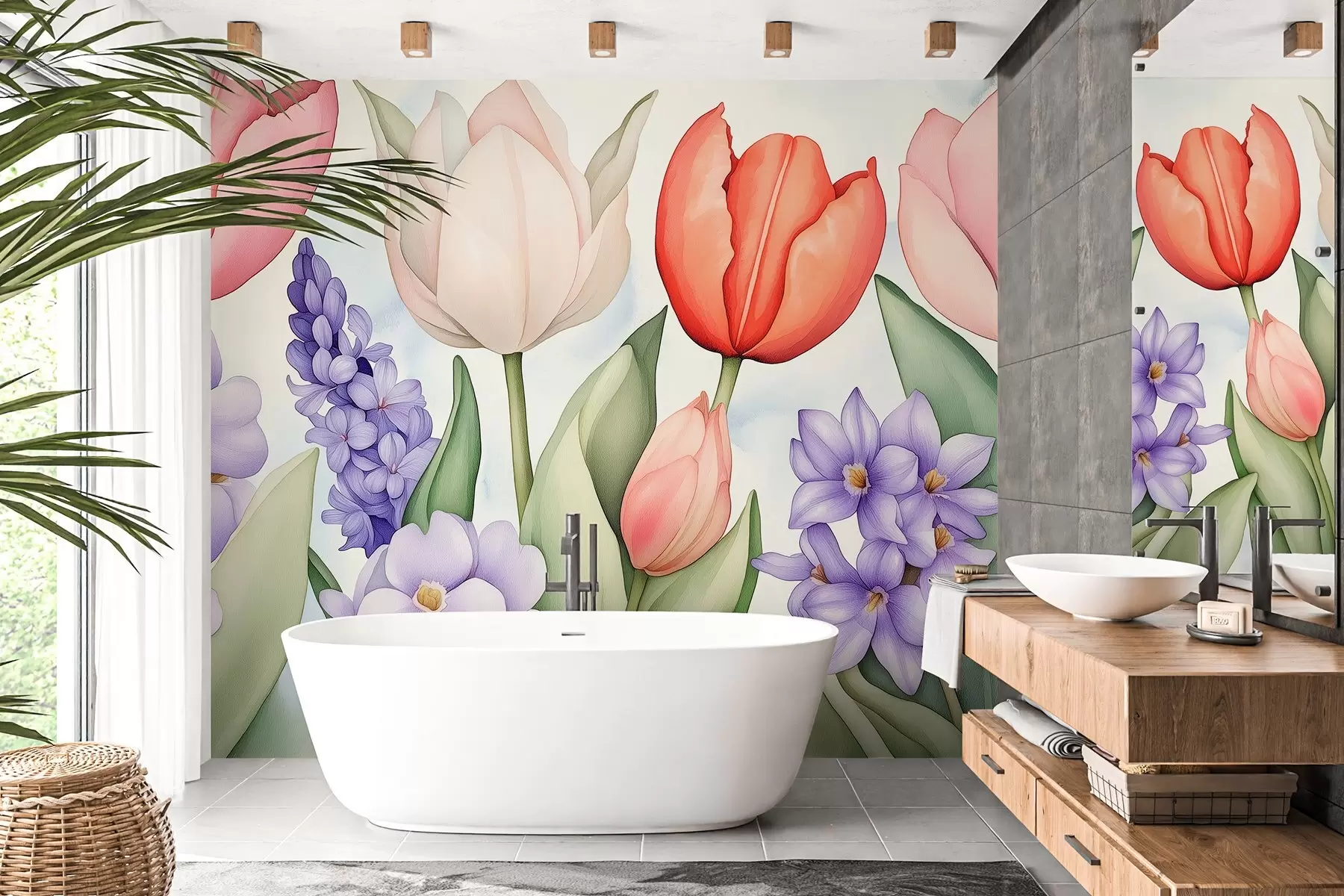 fototapeter Vårblomster, tulipaner, hyasint, akvarellstil tegning, blomster w02940