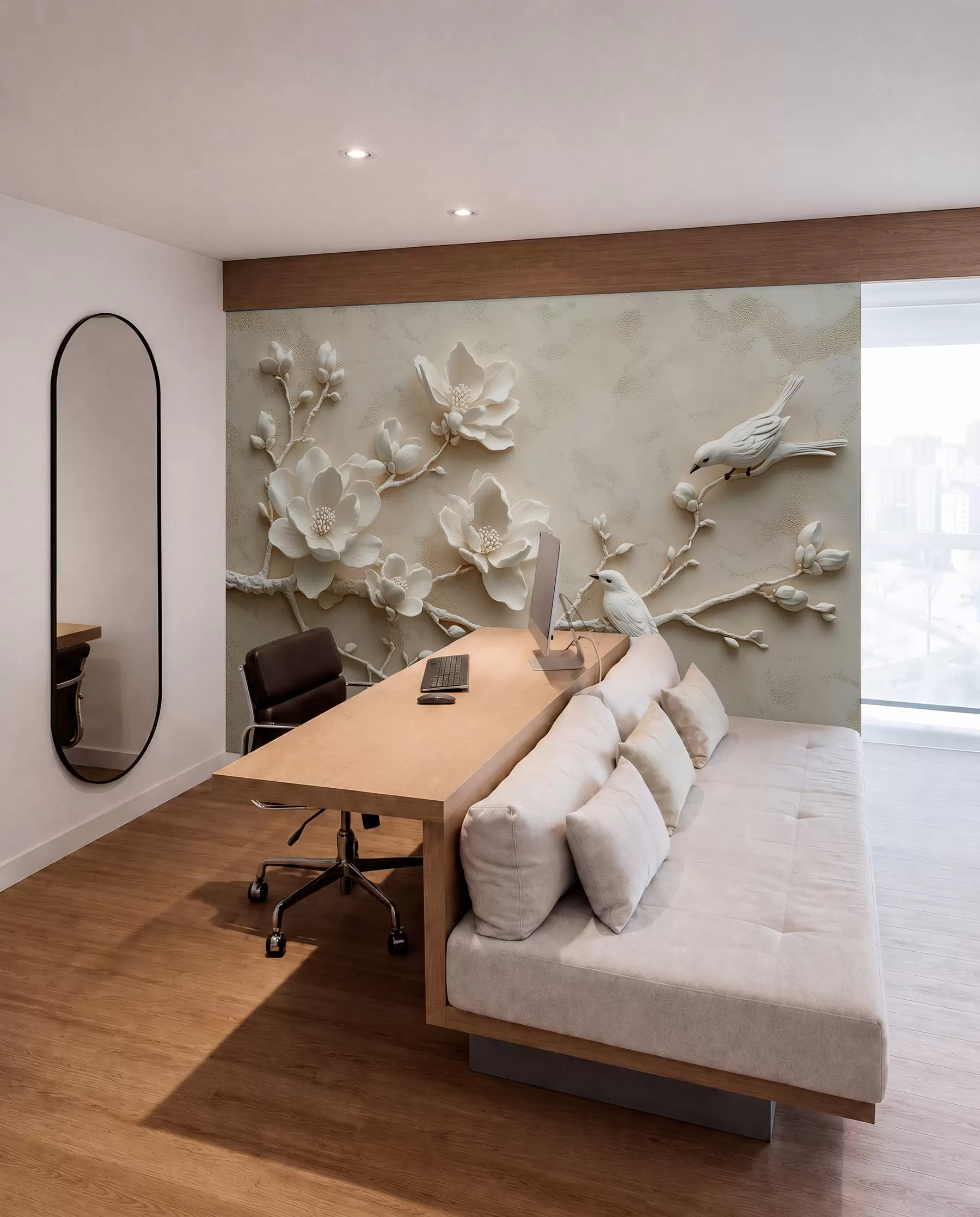 fototapeter 3D magnoliagrener med fugler på w08690