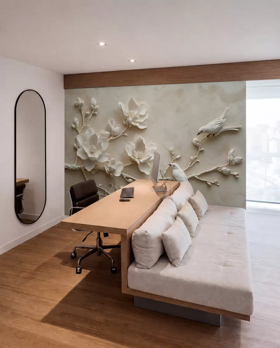 fototapeter 3D magnoliagrener med fugler på w08690