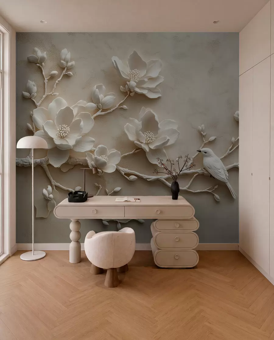 fototapeter 3D magnoliagrener med fugler på w08690