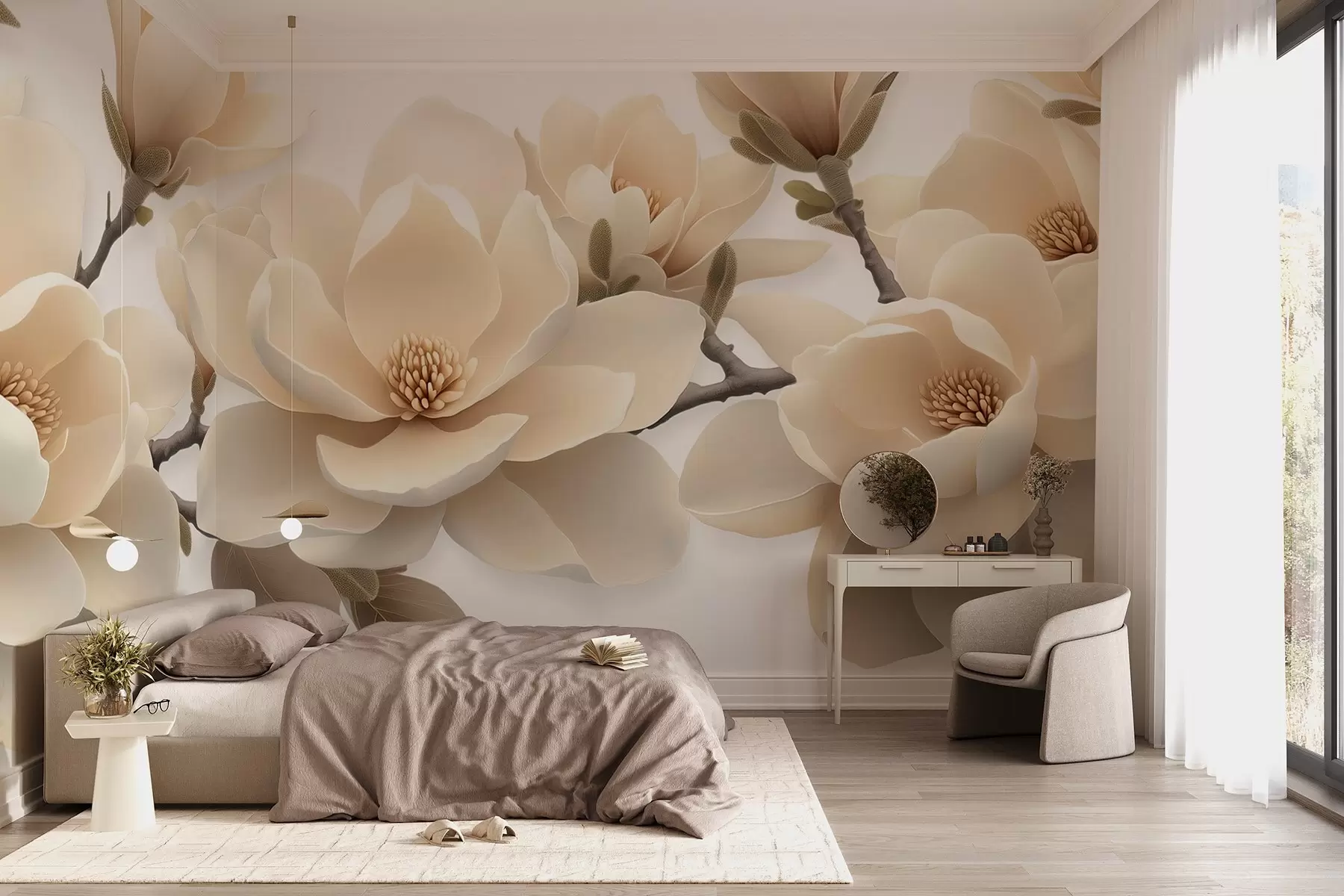 fototapeter Beige blomstrende magnoliablomster i en kremfarget tone på hvit bakgrunn w08692