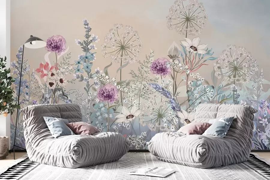 fototapeter En livlig blomsterhage med ulike blomster og gress på en myk pastellfarget bakgrunn med gradientstruktur w08699