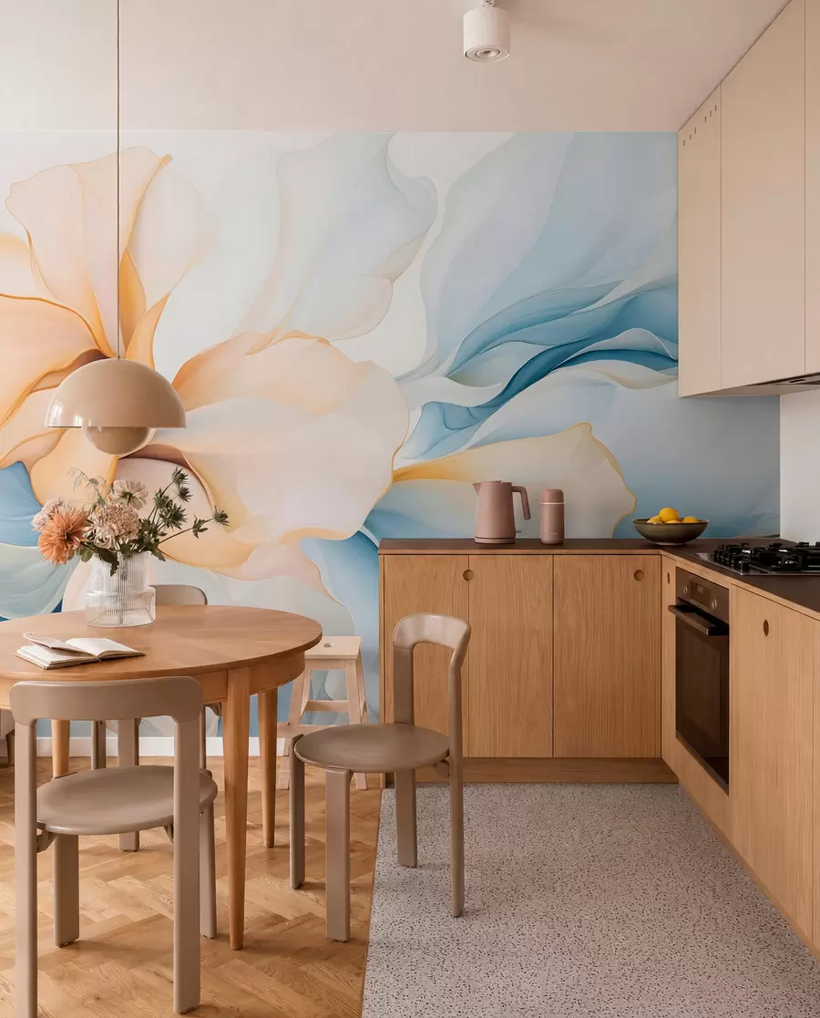 fototapeter Flytende abstrakte blomsterblader i gjennomskinnelige og lagdelte former i pastellfarger, i fersken og blå nyanser w08701