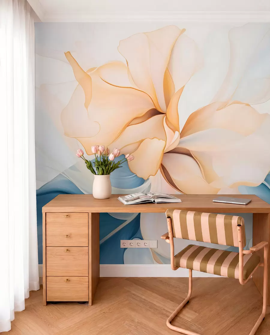 fototapeter Flytende abstrakte blomsterblader i gjennomskinnelige og lagdelte former i pastellfarger, i fersken og blå nyanser w08701